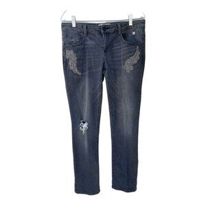 Democracy Womens Distressed Black Straight Angle Wing Detailing Jeans Sz 4